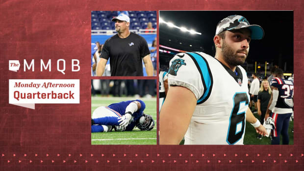 Three-cut of Baker Mayfield walking off the field as a Panther, Lions coach Dan Campbell and Giants defensive end Kayvon Thibodeaux clutching his injured knee.